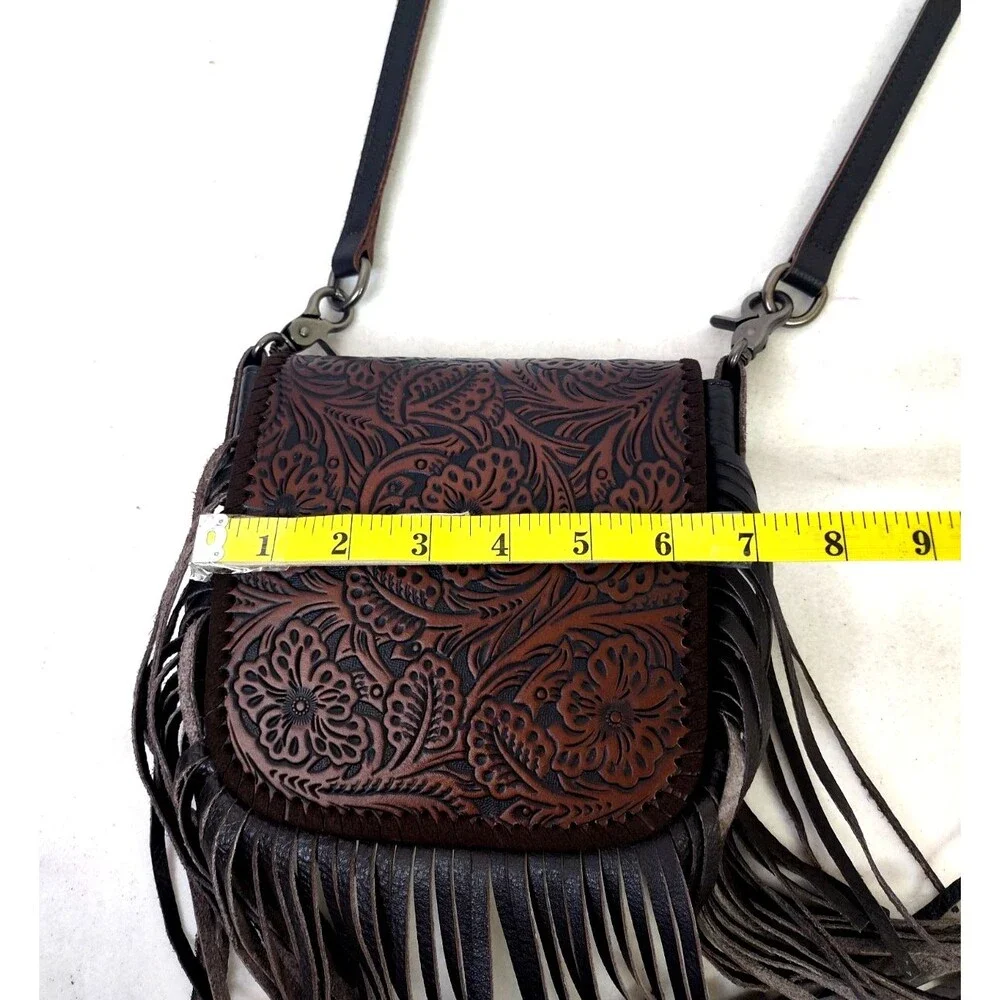 Mountain West Tooled Leather Crossbody Purse, Small, Fringed Dark Brown Handbag